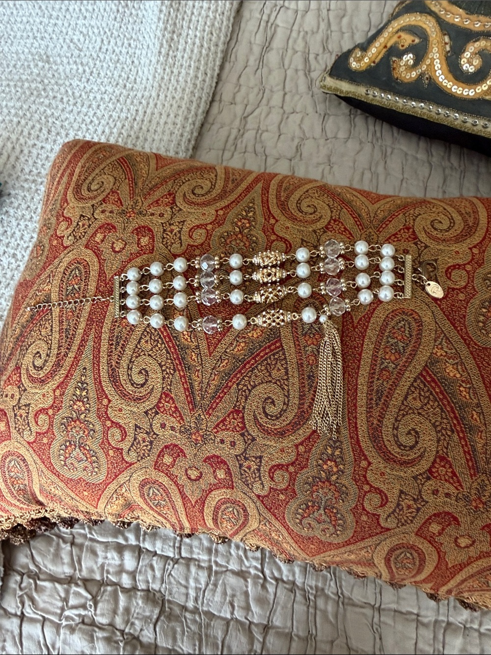 Crystal and white pearl chain multi four bracelet